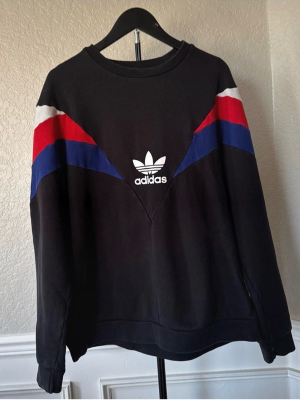 adidas Black Crewneck Sweatshirt with Red, Blue & White Chevron Accent